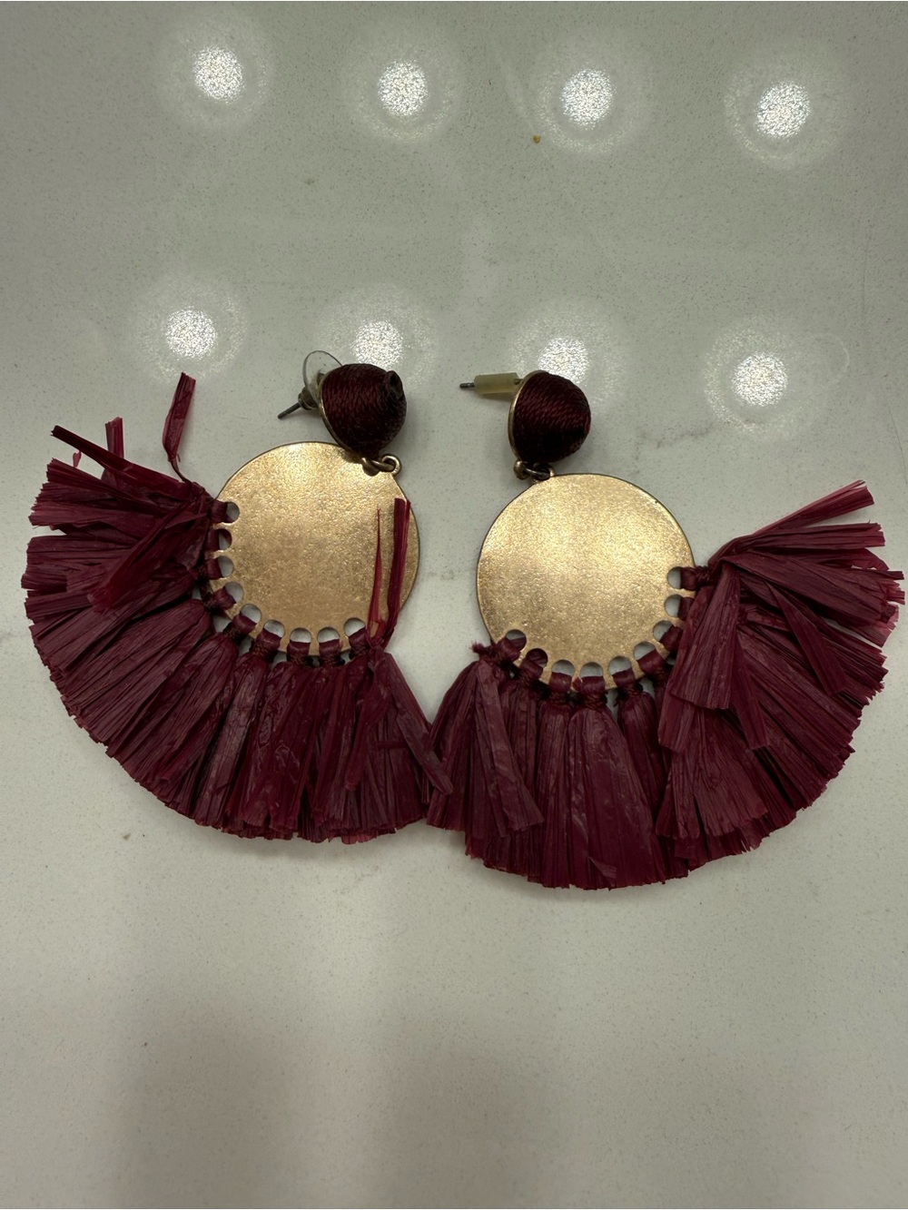 Gold Disc Burgundy Fringe Statement Earrings - Women Jewelry